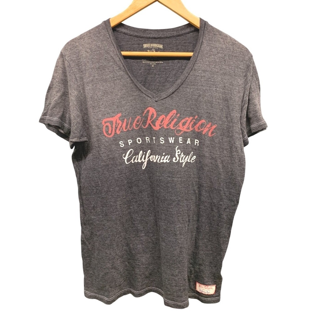 True Religion Graphic V-Neck T-Shirt Mens M Gray California Style Y2K Casual